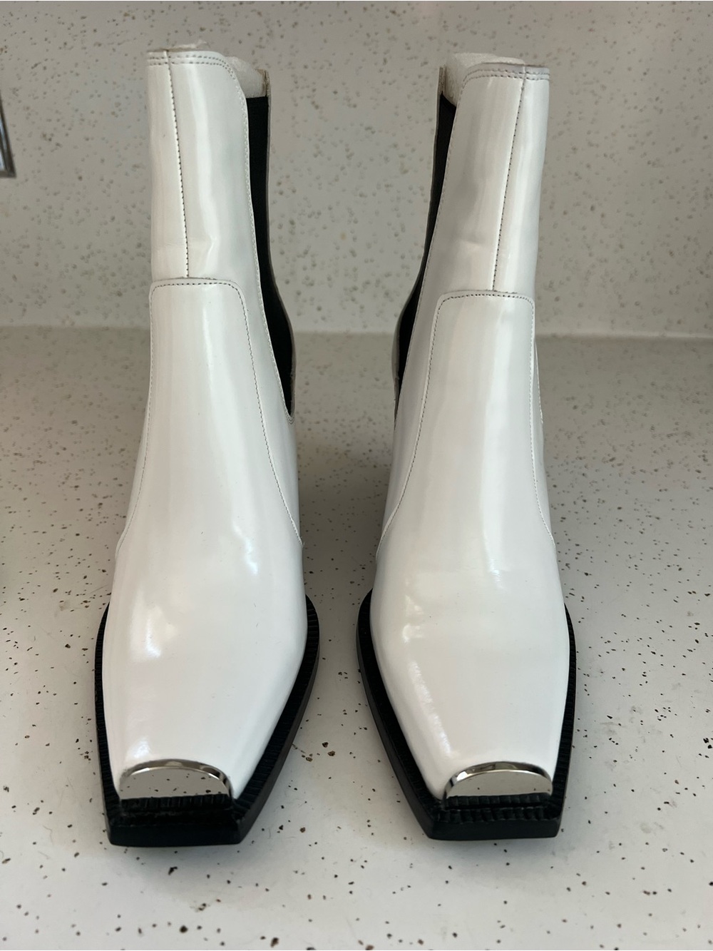 Jeffrey Campbell Welton White Chelsea Booties w/ Black Gores and Silver ToeCaps - Picture 2 of 12